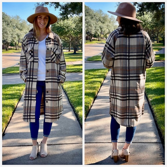 LAST ONE!! ON SALE! Brown Plaid Long Woolen a flannel Coat - Picture 4 of 10